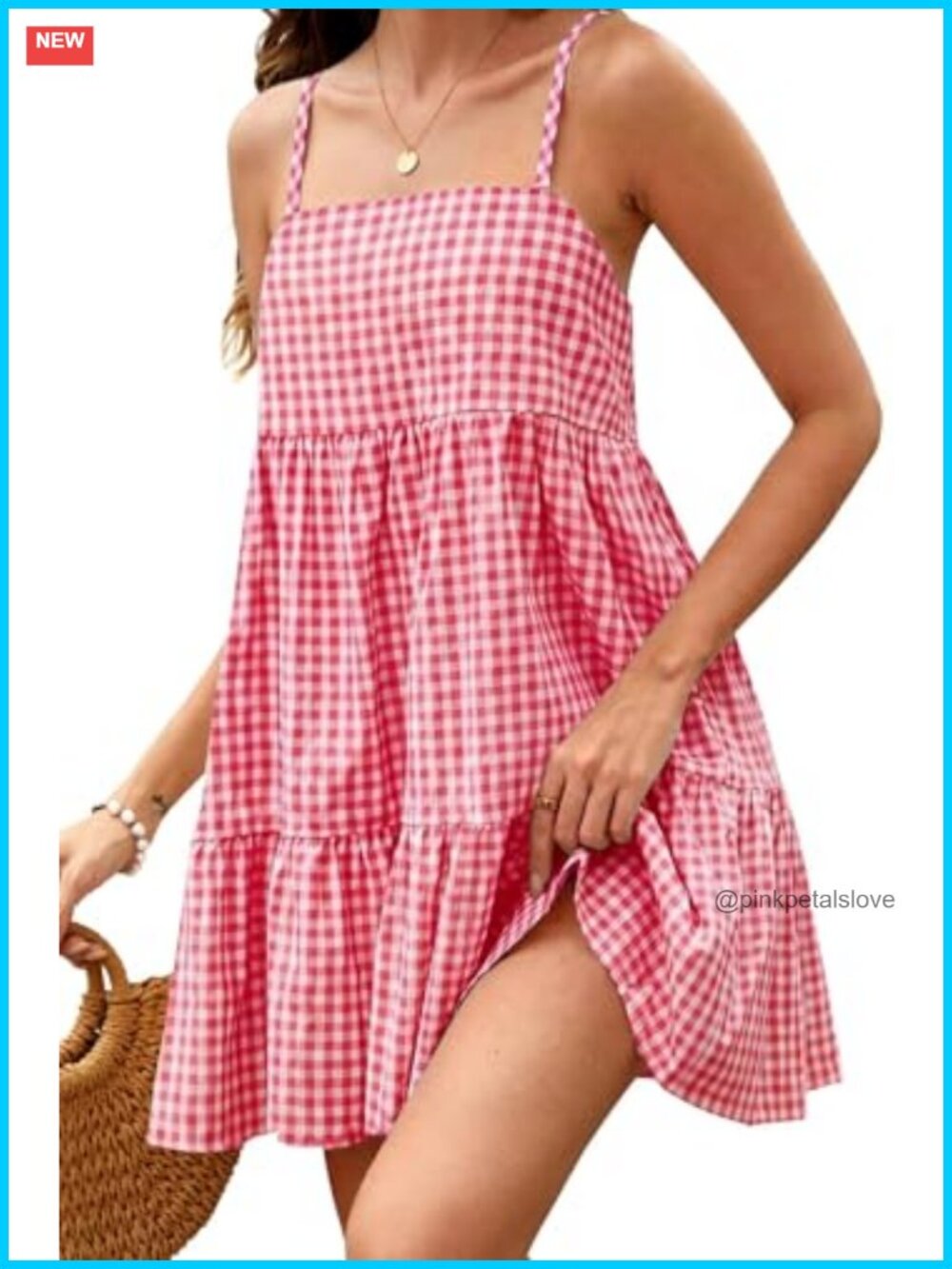 Sleeveless Plaid Mini Dress Spaghetti Strap A-Line Beach Casual with Pockets
